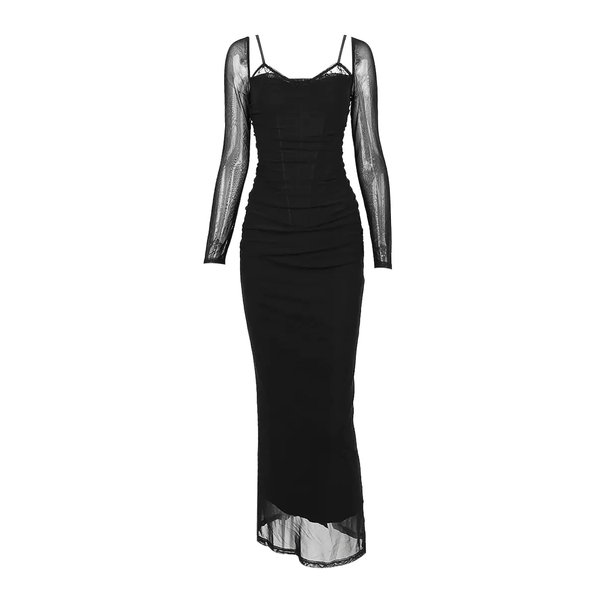 Autumn Women's Black Mesh Long Sleeve Midi Dress