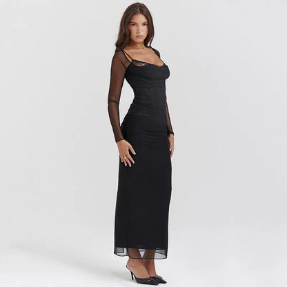 Autumn Women's Black Mesh Long Sleeve Midi Dress